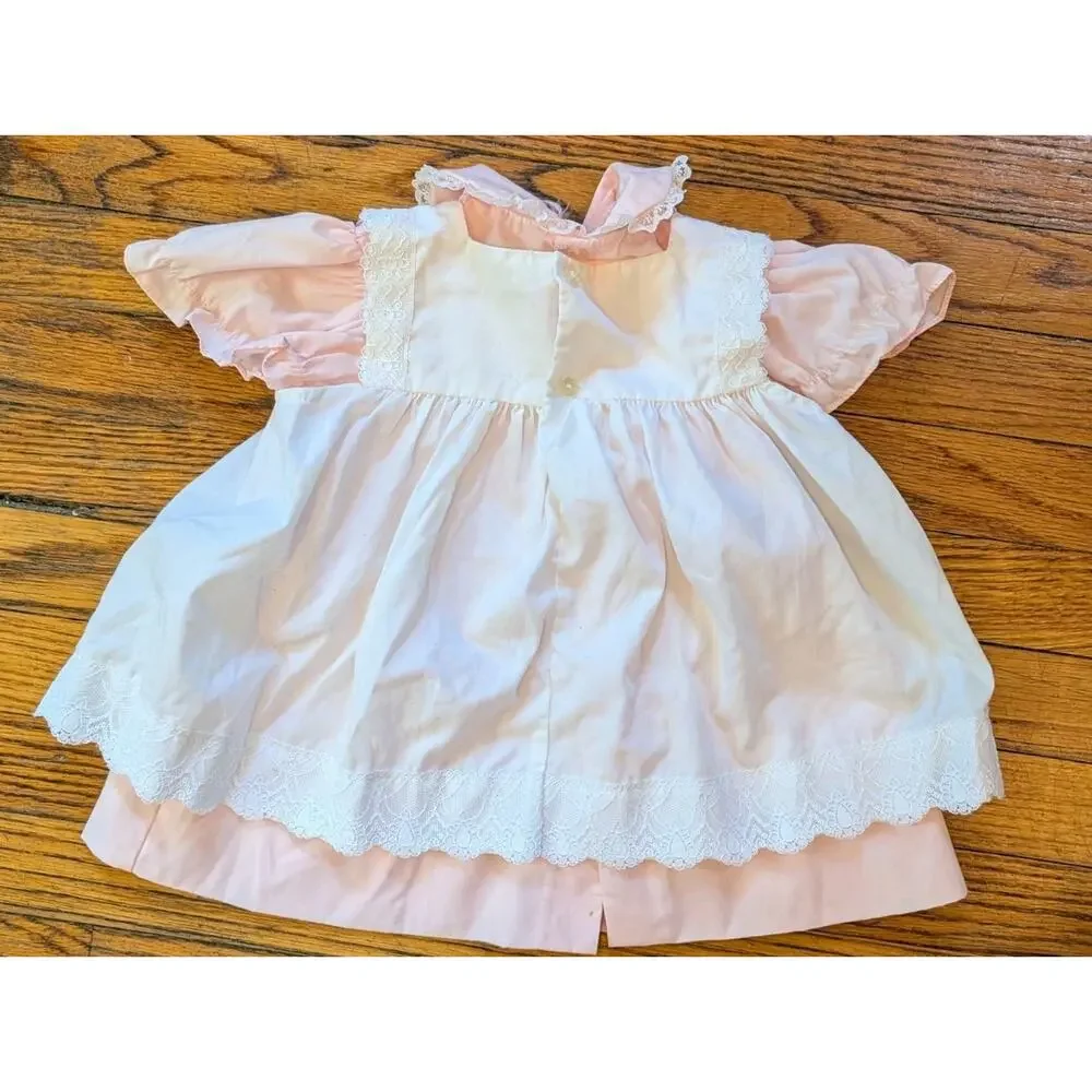 Vintage Infant Girls Dress Pink White 6M Ring Around The Rosie Pinafore 2 Piece